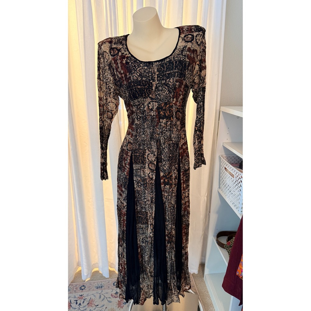 Nostalgia Vintage Whimsigoth Maxi Dress Brown Black Lace Patchwork Print Medium - Picture 9 of 16